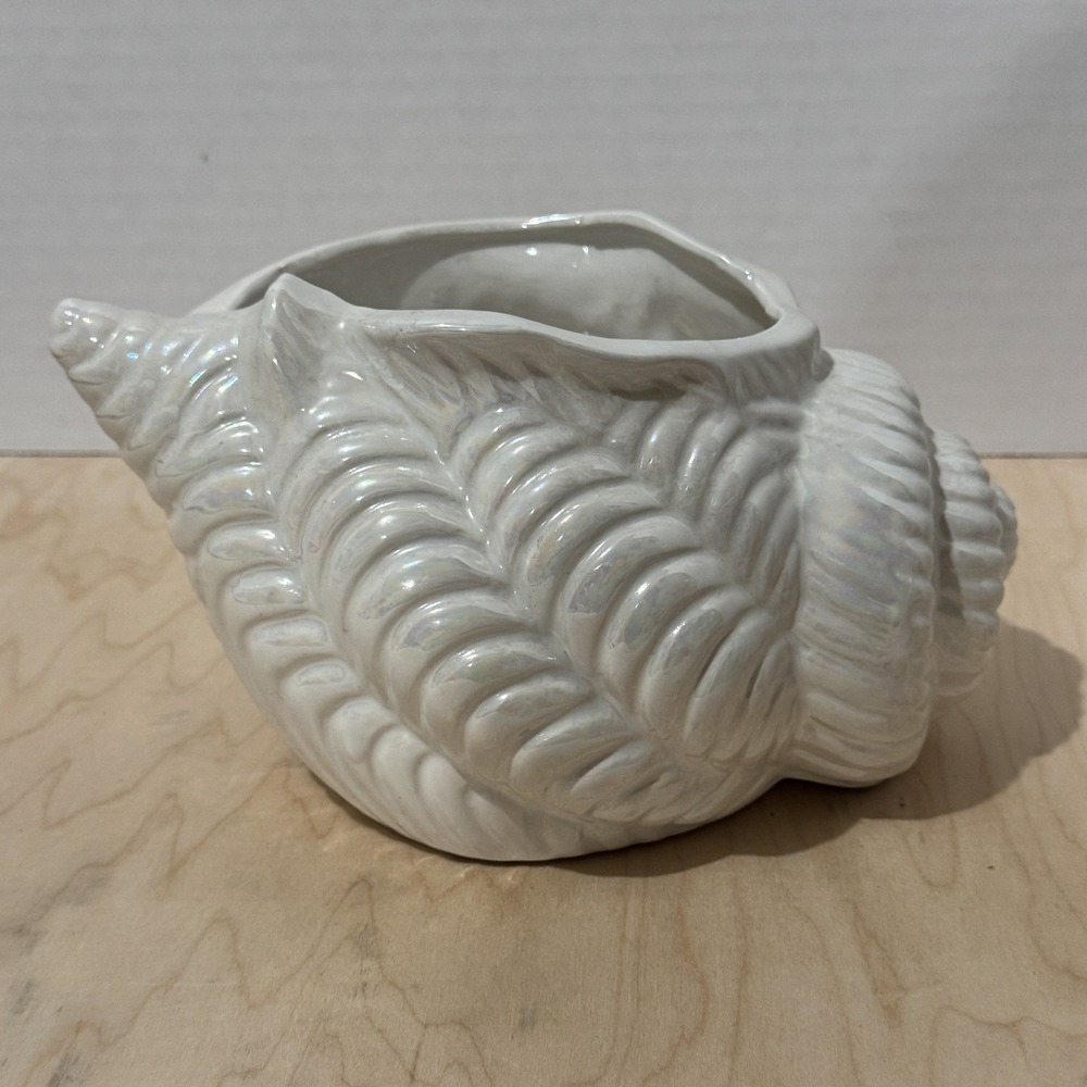 Vintage Pearly Iridescent Ceramic Conch Shell Planter Vase Bowl Boho Ocean